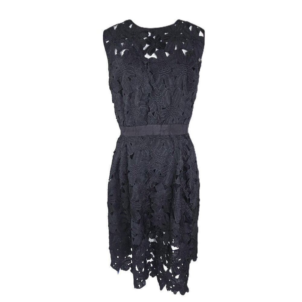CARMEN MARC VALVO Black Floral Crochet Lace Sleeveless Fit Flare Midi Dress